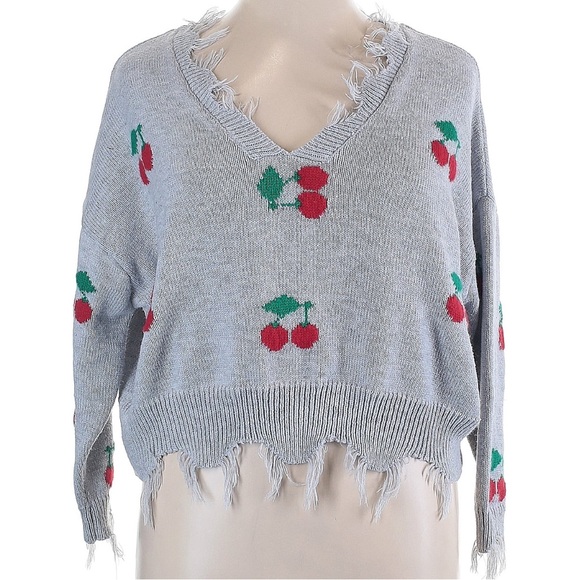 Polly & Esther Gray Cherry V-Neck Sweater - Picture 1 of 5